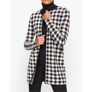 Talbots Womens Sz L Wool Black Buffalo Plaid Check Sweater Cardigan Duster